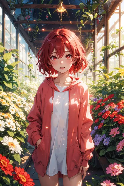 masterpiece, best quality, highres, cowboy shot,
1 girl, small perky breasts, long eyelash, (madder red hair:1.1), beautiful red eyes, (red eyes), bright pupils, ruby textured pupils, (round eyes:1.1), ((short hair)), (wavy hair ends:1.1),
surprised, interested, pink hoodie, fit, nerd,
magic, summoner magic, magic array, colorful, many colors,
greenhouse, flowers, tyndall effect, light particles, sunny, day,