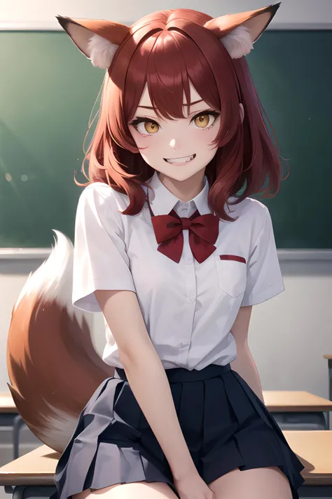 (masterpiece, best quality, highres, ultra detailed, detailed background:1.2), (beautifull, detailed face, detailed eyes), (personification, fox), classroom, school uniform, short sleeves, white dress shirt, short skirt, blue pleated skirt, red bowtie, animal ears, tail, fangs, red hair, medium pointy hair, bangs, crossed bangs, yellow eyes, ((small breasts)), evil grin, cowboy shot, sexually suggestive,
