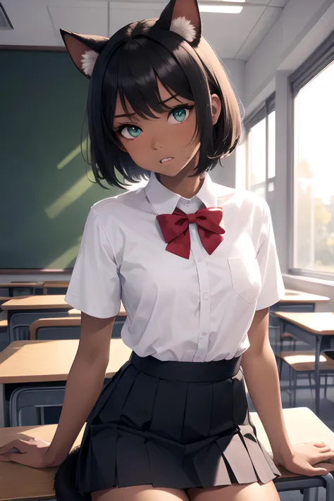 (masterpiece, best quality, highres, ultra detailed, detailed background:1.2), (beautifull, detailed face, detailed eyes), (personification, black cat), classroom, school uniform, short sleeves, white dress shirt, short skirt, blue pleated skirt, red bowtie, animal ears, tail, fangs, black hair, short straight hair, bangs, swept bangs, green eyes, toned, dark skin, ((small breasts)), annoyed, parted lips, cowboy shot, sexually suggestive,
