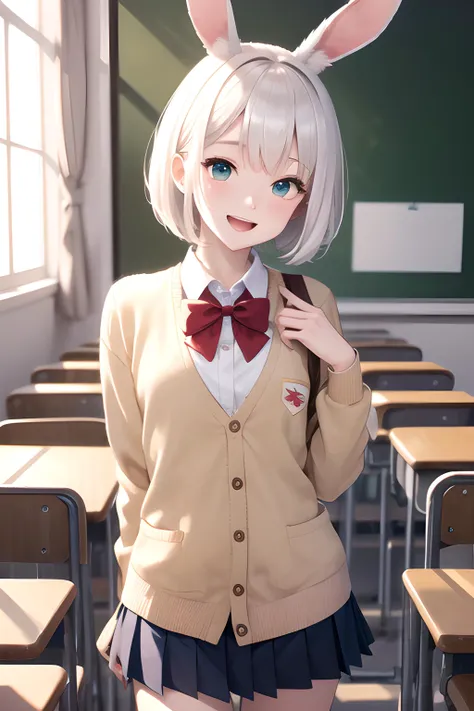 (masterpiece, best quality, highres, ultra detailed, detailed background:1.2), (beautifull, detailed face, detailed eyes), (personification, rabbit), classroom, school uniform, white dress shirt, short skirt, blue pleated skirt, red bowtie, beige cardigan, animal ears, tail, white hair, short hair, bob cut, green eyes, ((flat chest)), pale skin, narrow waist, petite, happy, open mouth, smile, cowboy shot, sexually suggestive,