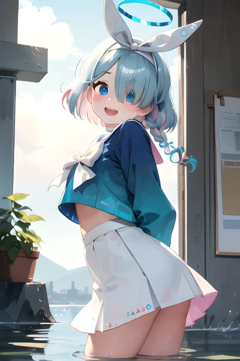 (masterpiece, best quality, highres, ultra detailed, detailed background:1.2), (beautifull, detailed face, detailed eyes), arona, 1girl, white hairband, bow hairband, halo, mechanical halo, short hair, single braid, blue eyes, two-tone hair, multicolored hair, blue hair, pink hair, school uniform, blue shirt, white sailor collar, long sleeves, white bowtie, white choker, ruined classroom, school desk, shallow water, cloud, standing, leaning forward, arms behind back, happy, open mouth, smile, blush, looking at viewer, wet, wet clothes, wet shirt, wet hair, wet skirt, shiny skin, cowboy shot, midriff peek, from below, <lora:chara-arona-v1:1>, nsfw,