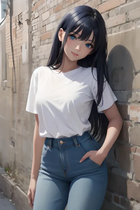 (masterpiece, best quality, highres, ultra-detailed, detailed background, detailed eyes, beautifull face:1.2), 1girl, dark blue hair, very long straight hair, asymmetrical bangs, medium breasts, blue eyes, toned, dark skin, long eyelashes, wall, leaning back, against wall, standing, head tilt, parted lips, light smile, white t-shirt, denim pants, sneakers, hands in pockets, cowboy shot, looking at viewer, spotlight,