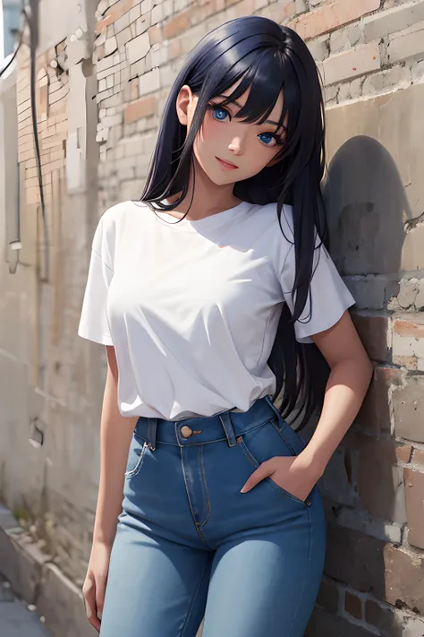 (masterpiece, best quality, highres, ultra-detailed, detailed background, detailed eyes, beautifull face:1.2), 1girl, dark blue hair, very long straight hair, asymmetrical bangs, medium breasts, blue eyes, toned, dark skin, long eyelashes, wall, leaning back, against wall, standing, head tilt, parted lips, light smile, white t-shirt, denim pants, sneakers, hands in pockets, cowboy shot, looking at viewer, spotlight,