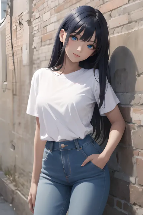 (masterpiece, best quality, highres, ultra-detailed, detailed background, detailed eyes, beautifull face:1.2), 1girl, dark blue hair, very long straight hair, asymmetrical bangs, medium breasts, blue eyes, toned, dark skin, long eyelashes, wall, leaning back, against wall, standing, head tilt, parted lips, light smile, white t-shirt, denim pants, sneakers, hands in pockets, cowboy shot, looking at viewer, spotlight,