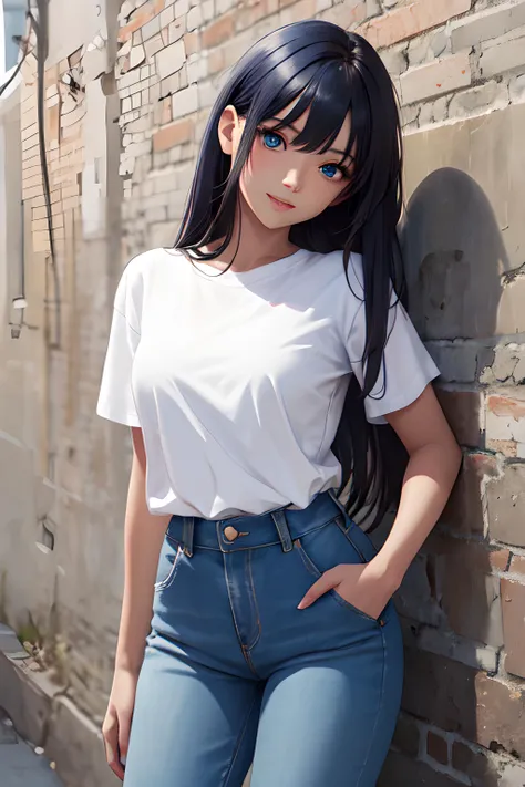 (masterpiece, best quality, highres, ultra-detailed, detailed background, detailed eyes, beautifull face:1.2), 1girl, dark blue hair, very long straight hair, asymmetrical bangs, medium breasts, blue eyes, toned, dark skin, long eyelashes, wall, leaning back, against wall, standing, head tilt, parted lips, light smile, white t-shirt, denim pants, sneakers, hands in pockets, cowboy shot, looking at viewer, spotlight,