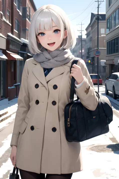 (masterpiece, best quality, highres, ultra-detailed, detailed background, detailed eyes, beautifull face:1.2), photorealistic, 1girl, solo, white hair, short straight hair, blunt bangs, grey eyes, flat chest, narrow waist, pale skin, petite, outdoors, street, winter, snow, school uniform, winter uniform, white winter coat, white scarf, school bag, black legwear, pantyhose, open mouth, smile, happy, looking at viewer, cowboy shot,