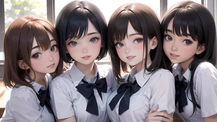 (masterpiece), best quality, highres, ultra-detailed, pastel colors, 4girls, multiple girls, alternate hairstyle, alternate breast size, alternate eye color, alternate hair length, alternate hair color, height difference, alternate skin color, school, school uniform, happy, parted lips, group hug, smile, upper body, looking at viewer, sexually suggestive,