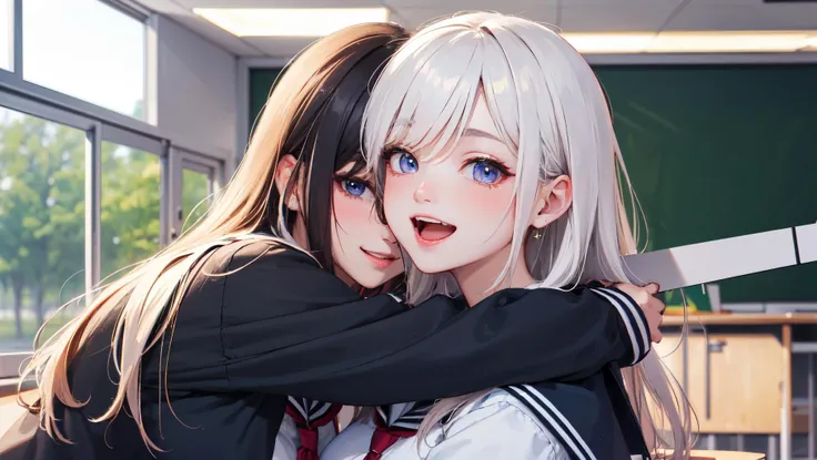 (masterpiece), best quality, highres, ultra-detailed, multiple girls, classroom, school uniform, white serafuku, summer uniform, happy, open mouth, smile, hug, height difference, different hairstyle, different hair color, different breasts size, different eyes color, different skin color, pastel colors, sexually suggestive,