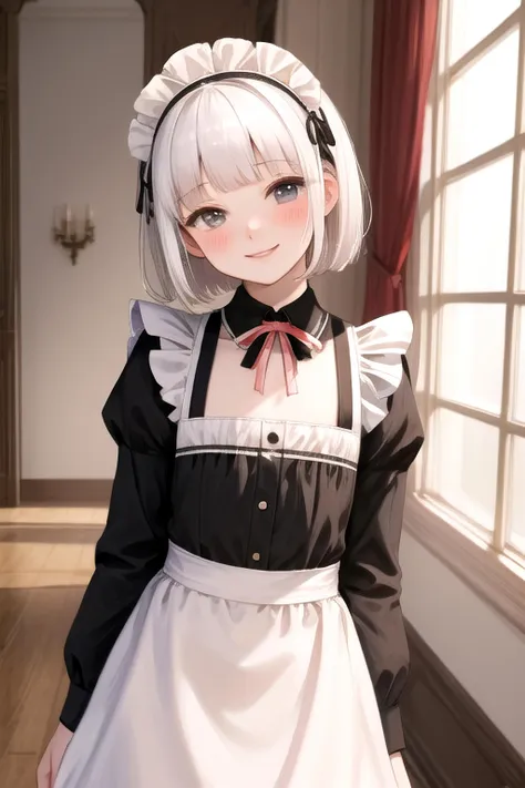 (masterpiece, best quality, absurdres, high details, perfect), 1girl, white hair, short straight hair, blunt bangs, flat chest, narrow waist, grey eyes, petals, pale skin, mansion, indoors, maid, maid headdress, maid apron, cowboy shot, blush, light smile, head tilt, bowing,