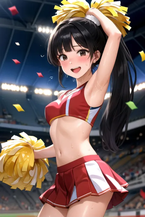 (masterpiece, best quality), 1girl, solo, black hair, long hair, straight hair, blunt ends, high ponytail, blunt bangs, black eyes, medium breasts, toned, stadium, cheerleader, pom pom \(cheerleading\), happy, open mouth, smile, sweat, sweatdrop, flying sweatdrops, sweaty clothes, shiny skin, shiny hair, audience, confetti