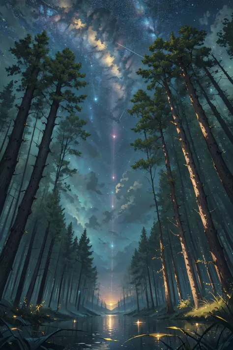 (masterpiece, best quality:1.4), high res, dramatic, scerery, large area sky, starfall, night, sky, stars, <lora:conceptBetterSky_sky:0.7>, puffy clouds, water surface, forest, <lora:Detailed_Places_R-128_v1:0.7>