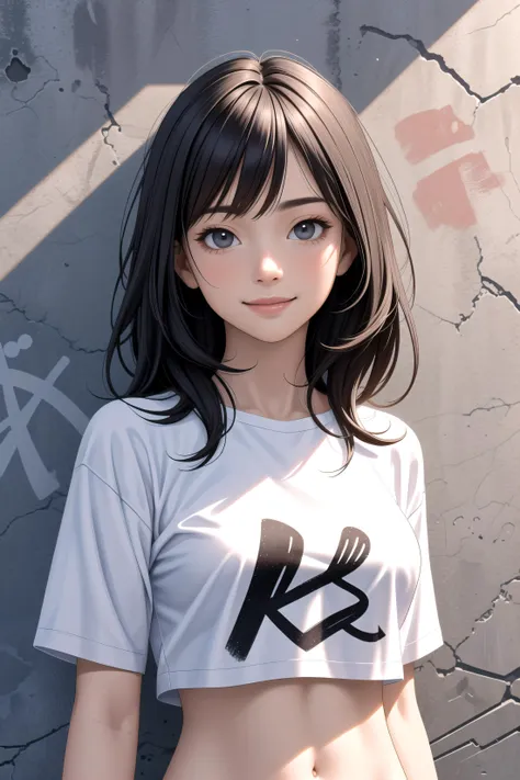 (masterpiece, best quality, highres, realistic, photorealistic), 1girl, solo, upper body, outdoors, wall, graffiti, mural, against wall, white shirt, crop top, looking at viewer, smile, summer