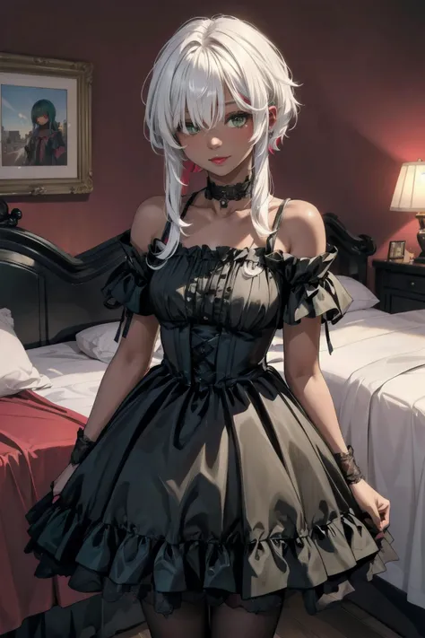 (masterpiece:1.2, best quality:1.2), absurdres:1.2, depth of field:1.3, super-resolution, perfect lighting, <lora:more_details:0.45>, (hair over one eye), <lora:hair_over_eyes:0.80>, <lora:wrenchlogown:0.9>, wrenchlogown, black gown, lace, frills, ((((dark skin)))), thick thighs, bare shoulders, (smile), closed mouth, black choker, green eyes, (green hair), white hair, (multicolored hair), streaked hair, two-colored hair, ((frontlocks)), (short hair with long locks:1.2), looking at viewer, realistic background, (mansion, bedroom), red lipstick, <lora:FrontLocks_v004-08:0.3>, cowboy shot,