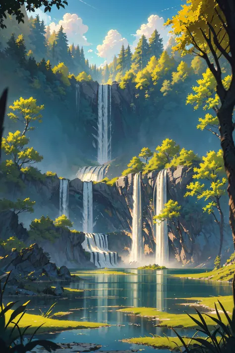 (ultra-detailed), (masterpiece), (best quality), (depth of field), (sharp focus), (cinematic lighting), (vibrant colors), <lora:more_details:1>, <lora:Ghibli_v6:1> waterfall, lake, lushes trees, gentle breeze, sunny, clouds, scenery