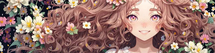 long fluffy wavy hair, (beautiful face freckles:1.1), curly hair entangled with flora and( flowers:1.3), dreamlike beauty, soft eyes, beautiful smile, vivid matte palette, hyper realistic anime art style