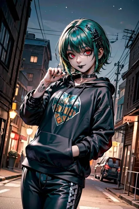 (masterpiece, best quality:1.4), (((dark skin))), ((black pants)), (((((black hoodie))))), ((((((black sweatshirt)))))), (tribal tattoos), (beautiful, perfect, delicate, detailed, intricate, aesthetic:1.2), (solo), red eyes, ((green hair)), colored tips, black hair, mascara, eyeshadow, (smile), ((closed mouth)), short hair, (flat chest), black choker, ((((goth)))), dynamic pose, action pose, night sky, stars, street, city, advertisements, stores, realistic background, spotlights, (((((horror))))), hair ornament, cowboy shot, <lora:more_details:0.45>,