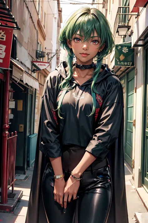 (masterpiece:1.2, best quality:1.2), ((((dark skin)))), <lora:more_details:0.45>, (smile), ((closed mouth)), 1girl, red eyes, slave collar, looking at viewer, ribbon, cowboy shot, ((green hair)), mixed color hair, blue hair, gradient hair, short hair with long locks, <lora:FrontLocks_v004:0.45> , ((frontlocks)), (((hood, cloak, black coat, black shirt, black pants))), (black clothes), (thief), (alleyway, realistic background),((punch))