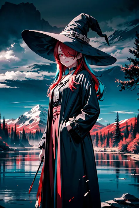 (masterpiece:1.2, best quality:1.2), absurdres:1.2, depth of field:1.3, super-resolution, perfect lighting, <lora:more_details:0.45>, (hair over one eye), <lora:hair_over_eyes:0.7>, long hair, hair to one side, hat, (((witch))), blood, (((((abstract, color splash, wild colors))))), smile, closed mouth, black choker, red eyes, messy hair, ((red hair)), teal hair, multicolored hair, hair rings, looking at viewer, realistic background, (((fantasy))), (river, trees, mountains), monsters, night, clouds, standing,