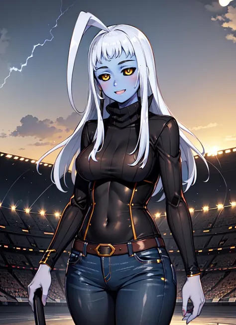 ((best quality)), ((highly detailed)), masterpiece, , (1girl), (solo), yokozuwari, <lora:CHAR-LalaMM:1>, LalaMM, white hair, very long hair, huge ahoge, black sclera, (colored skin, blue skin), medium breasts, smiling, sweater, ribbed sweater, turtleneck, long sleeves, jeans, (outside, at a stadium, sunset, thunder storm)