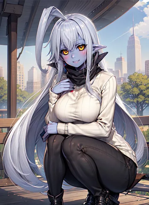 ((best quality)), ((highly detailed)), masterpiece, , (1girl), (solo), squatting, <lora:hairdetailer:.8>, <lora:CHAR-LalaMM:1>, LalaMM, white hair, very long hair, huge ahoge, black sclera, (colored skin, blue skin), large breasts, smiling, sweater, ribbed sweater, turtleneck, long sleeves, jeans, (outside, at a park, trees, path, park bench, city in the background, twilight)