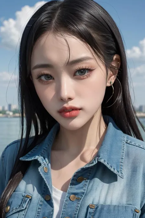 Best quality, masterpiece, ultra high res, (photorealistic:1.4), sharp focus, bokeh, (close-up:1.3), 1girl, leogirl, a young woman walking by the Han River, sunlight, blue sky, clouds, <lora:BILLLIESHEON:1>, closed mouth, long sleeve black shirt, slim-fit jeans, posing for a picture,