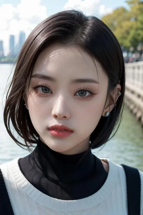 Best quality, masterpiece, ultra high res, (photorealistic:1.4), sharp focus, bokeh, (close-up:1.3), 1girl, leogirl, a young woman walking by the Han River, sunlight, blue sky, clouds, <lora:BILLLIESHEON:1>, black sweater, slim-fit pants, posing for a picture,