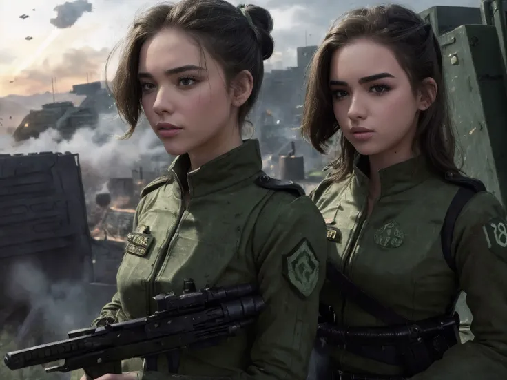 1girl, close shot professional photo of a woman, sharp focus, detailed skin texture, detailed eyes, detailed hair, <lyco:warhammer 40k imperial guardsman:.7>, rifle, sword, laser gun, green military uniform, collar, soldier, astra militarum, imperial guard, warhammer, wh40k, emb-rebecca mixed with Abh1l4sh401 mixed with <lyco:MYM:.5> mixed with Alison Brie alisonbrie, very short hair, background is a massive cityscape, battle, huge explosion in the background, the distant future, 1969, color photo, <lyco:nomomassive:.7>