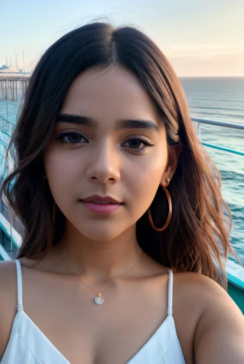 ((Selfie:1.1)), (raw:1.1) photo of (Abh1l4sh401:0.99), a woman as a model, modelshoot style, (extremely detailed CG unity 8k wallpaper), photo of the most beautiful artwork in the world, professional majestic oil painting by Ed Blinkey, Atey Ghailan, Studio Ghibli, by Jeremy Mann, Greg Manchess, Antonio Moro, trending on ArtStation, trending on CGSociety, Intricate, High Detail, Sharp focus, dramatic, photorealistic painting art by midjourney and greg rutkowski, (summer:1.2), (standing on the Brighton Pier:1.1), (makeup:1.1), ((ocean in background)), ((brighton)), (looking at viewer:1.3), (detailed pupils:1.3), (modern outfit:1.2), (closeup), (earrings)