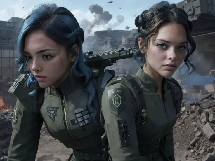 1girl, close shot professional photo of a woman, sharp focus, detailed skin texture, detailed eyes, detailed hair, <lyco:warhammer 40k imperial guardsman:.7>, rifle, sword, laser gun, green military uniform, collar, soldier, astra militarum, imperial guard, warhammer, wh40k, iv4n4b4quero mixed with Alison Brie alisonbrie mixed with Abh1l4sh401 mixed with Hail33St31nf3ld02-400, blue hair, background is a massive cityscape, battle, huge explosion in the background, the distant future, 1940s, color photo, <lyco:nomomassive:.7>