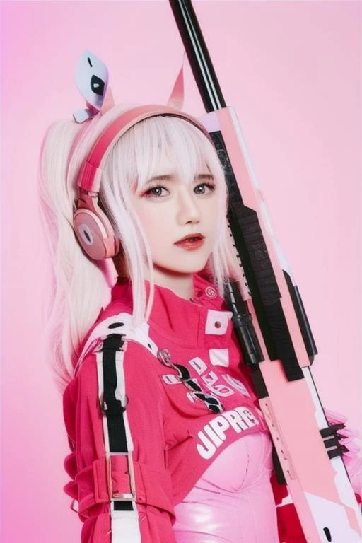 best quality, masterpiece, 1girl,<lora:Nikke_Alice:1> ,upper body, bodysuit, white hair, headphones, pink background, holding weapon, holding gun,
