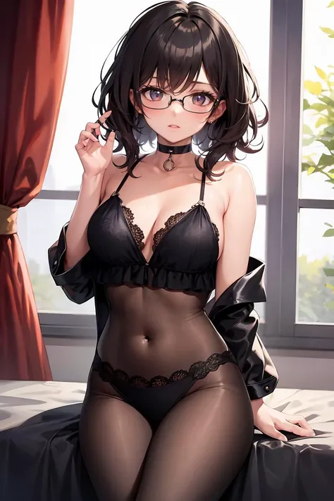 (1 、A dark-haired、short-hair、straight haired、bow ribbon、Light brown eyes、Black glasses、small tits、cute face)、Tatami room、Taishōkoto、flip、Komono、Seiza、masterpiece、top-quality
