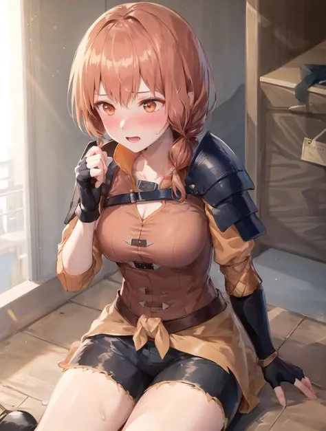masterpiece, ultra high quality cg, best quality, leonie pinelli, hair over shoulder, orange shirt, shoulder armor, fingerless gloves, black shorts, sitting, sweat, looking away, blush