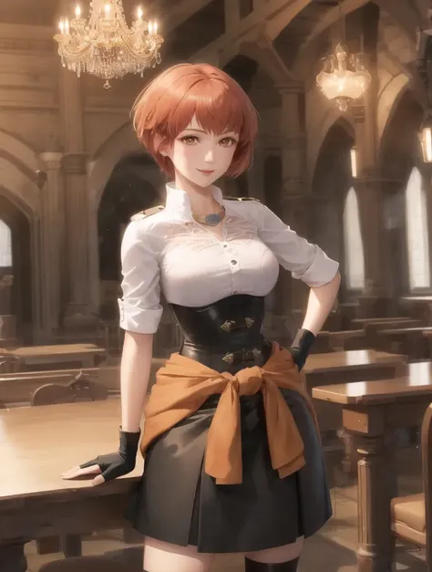 masterpiece, ultra high quality cg, best quality, leonie pinelli, short hair, white shirt, garreg mach monastery uniform, black corset, black skirt, clothes around waist, fingerless gloves, hands to hips, smile, wooden table, chandelier, medieval architecture