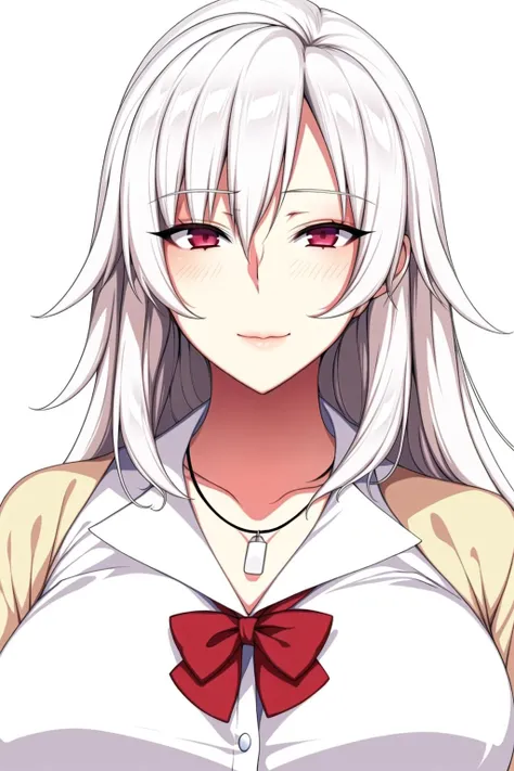 Simple White Background,
white shirt, short sleeves,yellow cardigan,red bowtie,
<lora:Kisaragi_Anna_Hamemakuri-KK77-V1:0.7>, necklace,
bangs, Sliver hair, Red eyes,Long hair,
<lora:Oda_Non_Style-KK77-V2:0.3>,<lora:more_details:0.1>,
1 girl, 20yo,Young female,Beautiful Finger,Beautiful long legs,Beautiful body,
Beautiful Nose,Beautiful character design, perfect eyes, perfect face,expressive eyes,perfect balance,
looking at viewer,(Focus on her face),closed mouth, (innocent_big_eyes:1.0),(Light_Smile:0.3),
official art,extremely detailed CG unity 8k wallpaper, perfect lighting,Colorful, Bright_Front_face_Lighting,White skin,
(masterpiece:1.0),(best_quality:1.0), ultra high res,4K,ultra-detailed,
photography, 8K, HDR, highres, absurdres:1.2, Kodak portra 400, film grain, blurry background, bokeh:1.2, lens flare, (vibrant_color:1.2),professional photograph,
(Beautiful,large_Breasts:1.4), (beautiful_face:1.5),(narrow_waist),