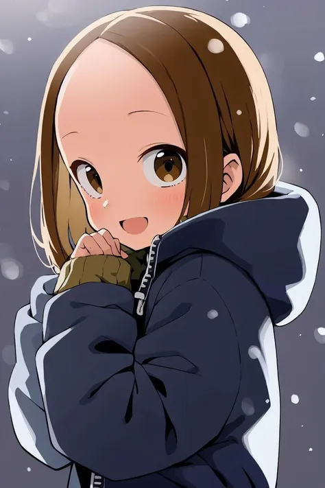 masterpiece, <lora:yamamoto_souichirou-48:1>
yamamoto_souichirou, 1girl, solo, long hair, looking at viewer, blush, smile, open mouth, brown hair, long sleeves, brown eyes, jacket, upper body, :d, hood, sweater, coat, black jacket, sleeves past wrists, parted bangs, looking to the side, hands up, blue background, hood down, own hands together, breath, hooded jacket, forehead, black coat, snowing, jaggy lines, hooded coat