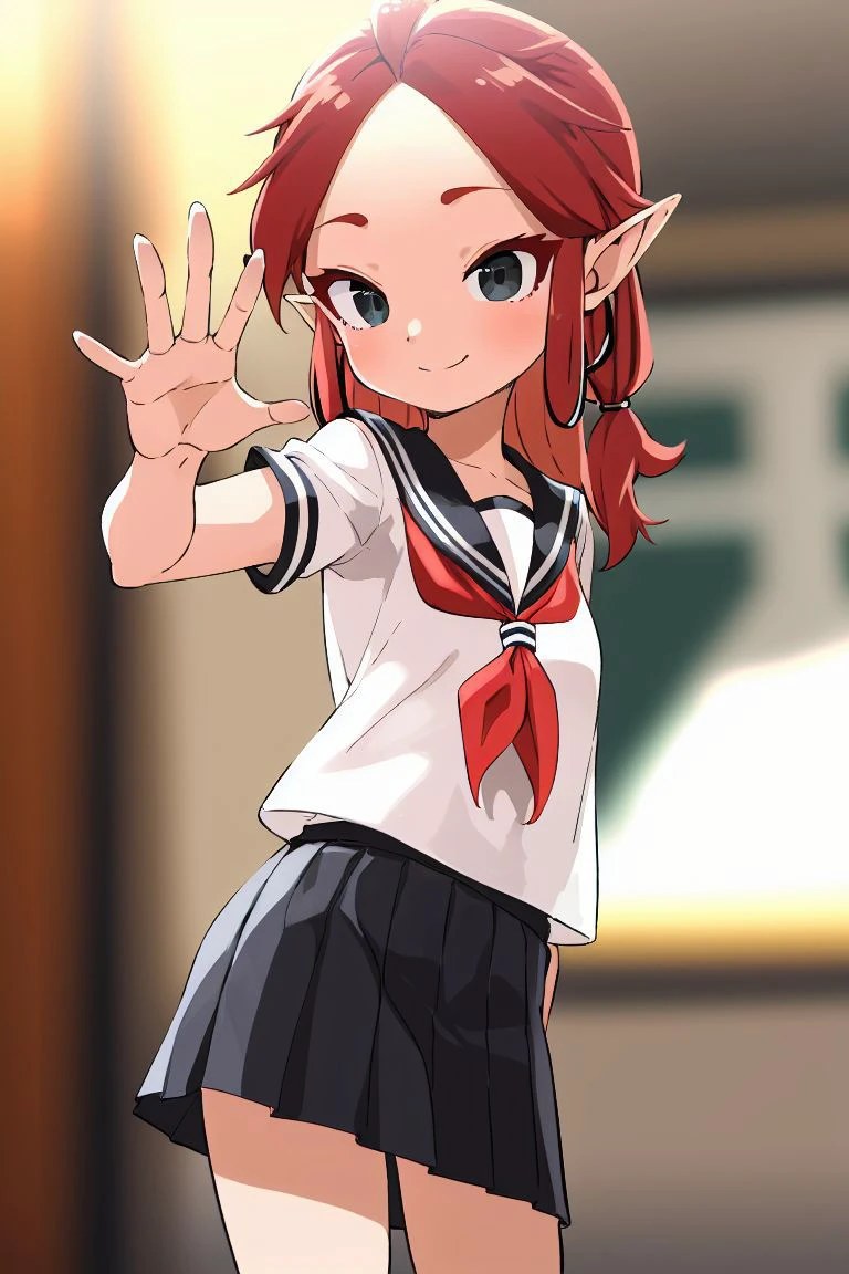 masterpiece, <lora:yamamoto_souichirou-48:1>
yamamoto_souichirou, 1girl, solo, <lora:riju_zelda-08_v3:1> riju_zelda, (hair rings, long hair),
smile, jacket, cowboy shot, school uniform, white shirt, pleated skirt, serafuku,black skirt, sailor collar, neckerchief, red neckerchief, black sailor collar,, waving
