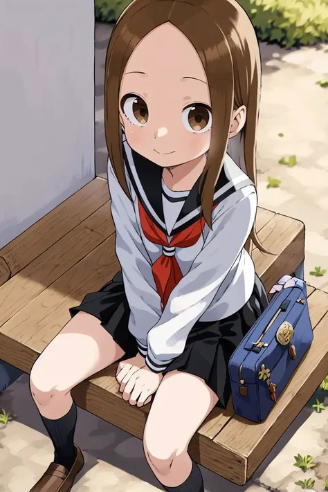 masterpiece, <lora:yamamoto_souichirou-48:1>
yamamoto_souichirou, 1girl, solo, long hair, looking at viewer, smile, skirt, brown hair, shirt, long sleeves, brown eyes, sitting, closed mouth, school uniform, white shirt, pleated skirt, outdoors, shoes, serafuku, socks, black skirt, sailor collar, bag, neckerchief, parted bangs, kneehighs, brown footwear, black socks, loafers, red neckerchief, forehead, black sailor collar, school bag, bench, school briefcase, on bench