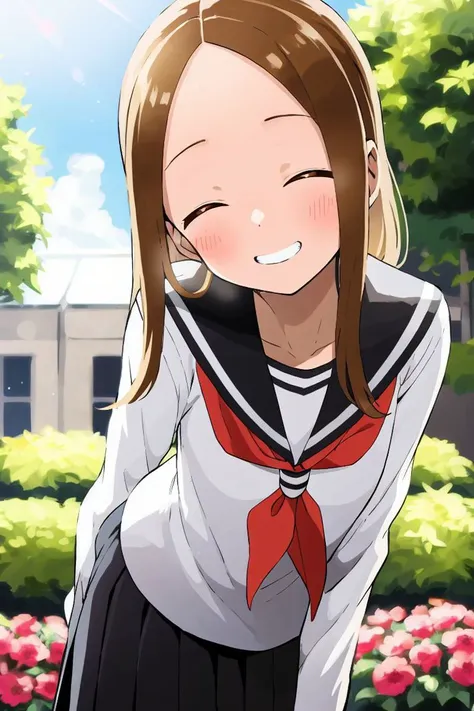 masterpiece, <lora:yamamoto_souichirou-48:1>
yamamoto_souichirou, 1girl, solo, long hair, looking at viewer, blush, smile, grin, leaning forward, brown hair,  closed eyes, jacket, cowboy shot, school uniform, white shirt, pleated skirt, outdoors, serafuku,black skirt, sailor collar, neckerchief, parted bangs, garden, flower, hair flower, sunlight, red neckerchief, forehead, black sailor collar,