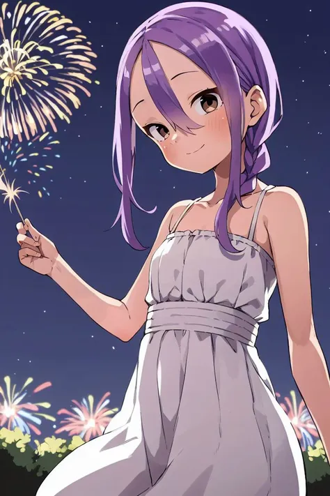 masterpiece, <lora:yamamoto_souichirou-48:1>
yamamoto_souichirou, 1girl, solo, long hair, looking at viewer, blush, smile, dress, holding, hair between eyes, bare shoulders, brown eyes, closed mouth, purple hair, braid, outdoors, frills, sky, sleeveless, hand up, white dress, parted bangs, bare arms, single braid, night, sleeveless dress, night sky, hair over shoulder, fireworks, aerial fireworks, sparkler