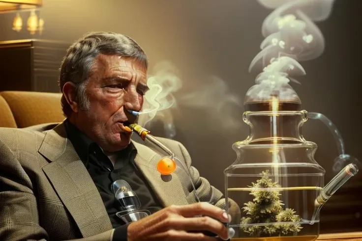 masterpiece, 4k resolution, a scene of a man in a plaid suit sitting on a couch, (with a large clear glass marijuana bong full of smoke pressed against his mouth:1.3) <lora:RichardDawson-10>