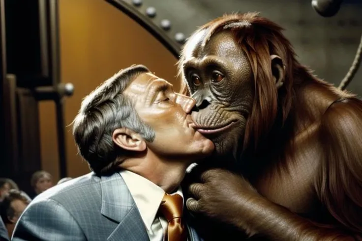 A man in a plaid suit making out with an orangutan <lora:RichardDawson:1>
