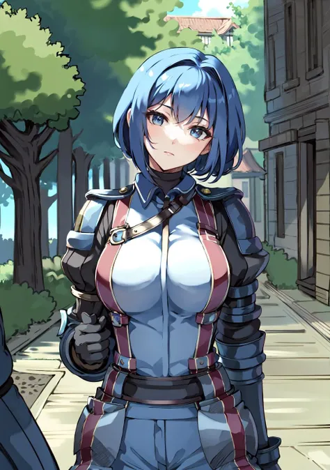 (masterpiece), best quality, 1 girl,solo,  breasts, looking at viewer, upper body, blue hair, short hair, looking at viewer, gallia_uniform, <lora:gallia_uniform_80:0.8>, pants, street, ruins, head tilt, straps,