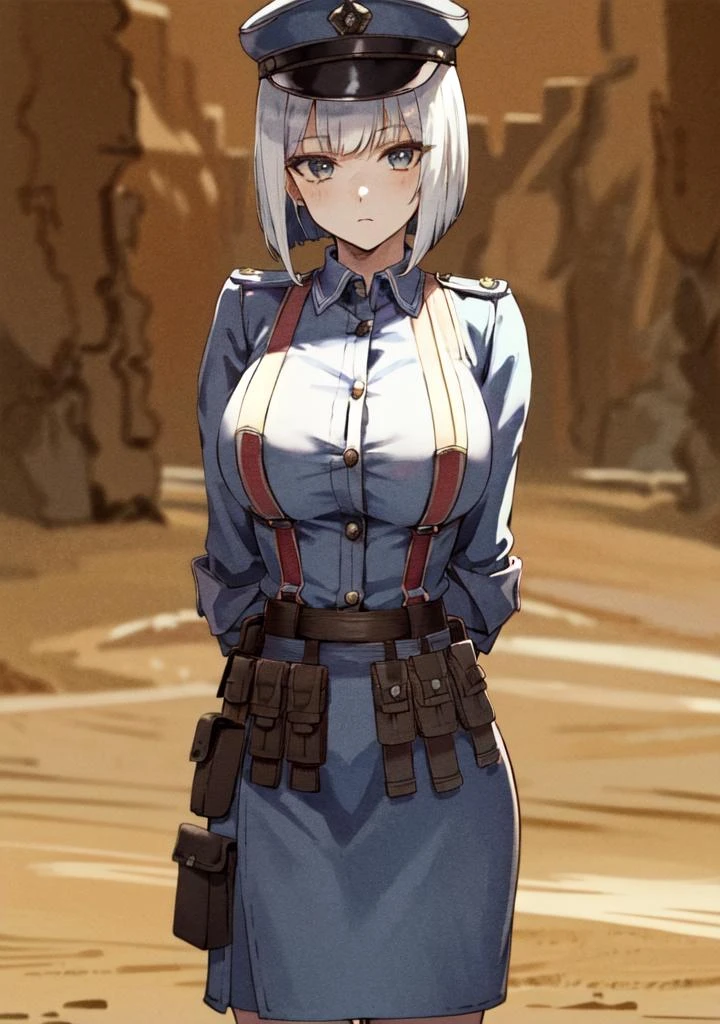 (masterpiece), best quality, 1 girl,solo, large breasts, looking at viewer, white hair, bob cut, short hair, looking at viewer, gallia_uniform, <lora:gallia_uniform_80:0.6>, cowboy shot, pouch, desert, close-up, arms behind back,