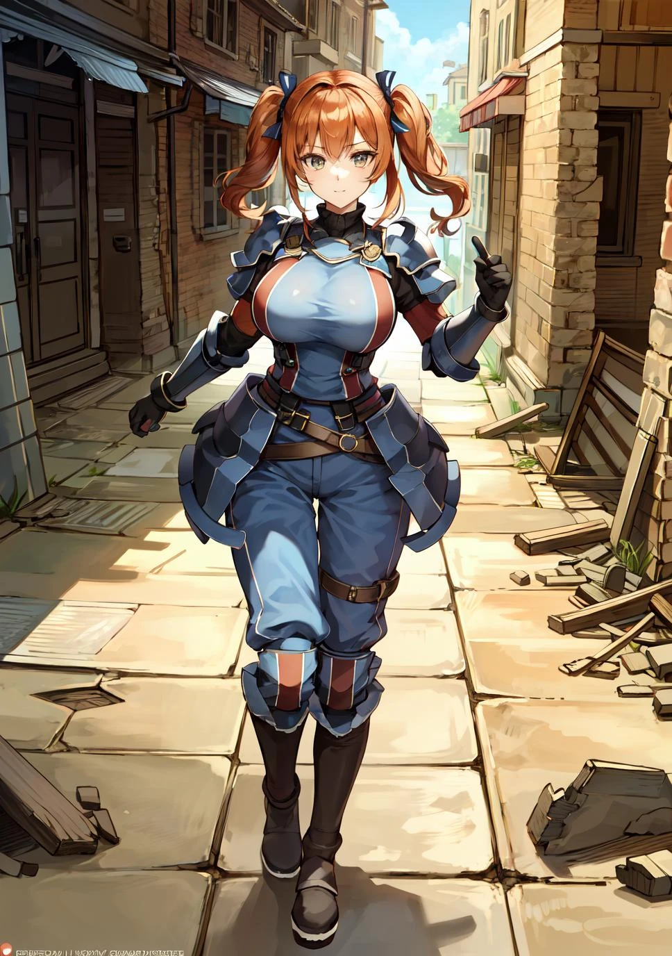 (masterpiece), best quality, 1 girl,solo, large breasts, looking at viewer, twintail, orange hair, shoulder armor, looking at viewer, gallia_uniform, <lora:gallia_uniform_80:0.6>, street, ruins, pants,