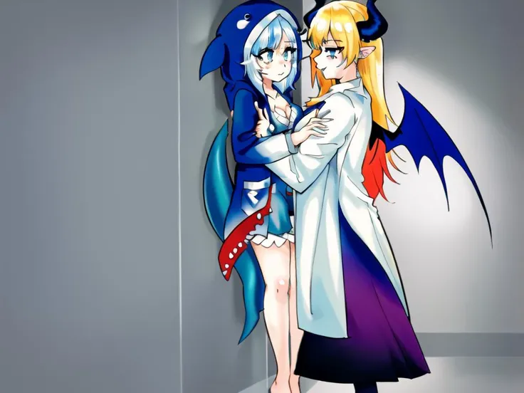 masterpiece, best quality, <lora:MEME_lauren_phillips_lifting_alice_merchesi_ownwaifu:1> MEME_lauren_phillips_lifting_alice_merchesi_ownwaifu lab background BREAK
<lora:gura:1> gawr gura, sharp teeth, shark tail, gawr gura, blue hoodie, shark hood BREAK
<lora:choco yuzuki-lora-nochekaiser:1> choco yuzuki, aqua eyes, black horns, blonde hair, demon girl, demon horns, demon tail, demon wings, gradient hair, horn ornament, horn ring, horns, long hair, multicolored hair, pink hair, pointy ears, (swept bangs:1.5), tail, wings, colored tips, , black skirt, breast tattoo, (cleavage:1.2), frilled shirt, frills, lab coat, (white labcoat:1.5), (pink shirt:1.2), shirt, skirt, tattoo, (black frilled thighhigs:1.4),