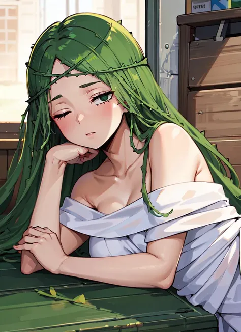 ((best quality)), ((highly detailed)), absurdres, extremely detailed face, beautiful face, (detailed eyes, deep eyes), (1girl), Forced Perspective, sleeping, lying, on side, eyes closed, <lora:Ibara-Moka19:.8>, Ibara, green hair, very long hair, (thorns hair:1.2), plant girl, dark green eyes, medium breasts, white dress, long dress, single-shoulder dress, collarbone, boots, (indoors, in a garage, truck)