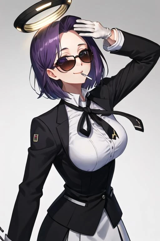 score_9, score_8_up, score_7_up, source_anime, best quality, amazing quality, very aesthetic, 1girl, black eyes, room, wariza, medium hair, Choppy Bob haircuts, dark purple hair, portrait, blazer, starshadowmagician, solo, Adult woman, best perfect anatomy, thin, curvy body, medium breasts, close up shot on person, a woman showing happy, smile, blush, super low angle from below, looking at viewer, (lying down, hand between her legs), mature woman laying prone on sofa, cat ear headband, white shirt, black tie, format black vest, Long-sleeved shirt, white format gloves, black trousers, dynamic angle. perfect dynamic composition, foreshortening, night days, volumetric lighting, dark hotel sitting room background,