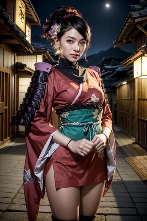 ((The background is the village of Shinobi:1.5)、Female ninja training in the village)、(Realistic、Like a photograph、Live Action、8k, Photorealistic, RAW Photos, Best image quality: 1.4), Single-lens reflex camera、RAW Photos, highest quality, Realistic, Highly detailed CG Unity 8k wallpaper, Written boundary depth, Cinematic Light, Lens flare, Ray Tracing, Realistic background、((waso:1.5、ninjya:1.3、kunoichi:1.4、skirtlift)、Sexy Ninja:1.37、Get into a fighting stance:1.3、Ninjutsu activation:1.2、Trained abdominal muscles、Big Breasts、Pull up the hem to reveal your underwear:1.3)、Grey Hair、short hair、Standing in the village、Night Village、((Ultra-dense skin))、 1 girl,Cute Kunoichi、((whole body:1.5)，Looking at the audience:1.1、Glare、I like that style、Pay attention to the details、The perfect outfit、(White skin)、An accurate portrait、Accurate Arm、Accurate feet、Beautiful legs、Precise thighs、Anatomically correct body、View from below