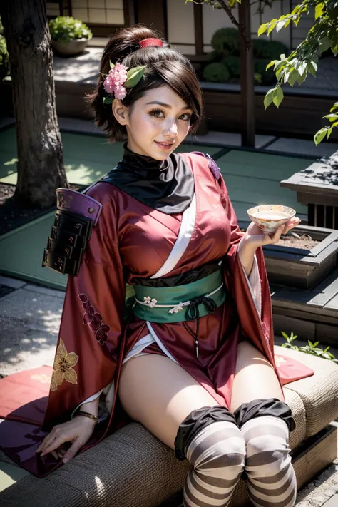 (realistic:1.3), finely detailed, quality, rembrandt lighting, (masterpiece:1.2), (photorealistic:1.2), (best quality), (detailed skin:1.3), (intricate details), dramatic, ray tracing, 1girl, 21 years old, detailed skin texture, (blush:0.5), (goosebumps:0.5), subsurface scattering, smiling, medium breasts, momohime, black hair, brown eyes, hair flower, japanese clothes, flower print, green obi, shoulder armor, kimono, striped thighhighs, sitting, (bright sunny day, ancient japanese tea house, large umbrella, outdoors, japanese tea cup, trees, bushes, forest path, outdoors), <lora:muramasa_momohime:1>