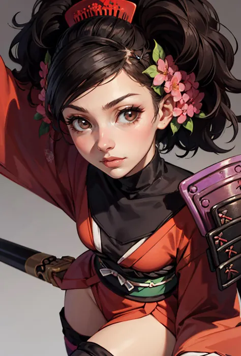 naked asian woman with katana on which sakura petals fall